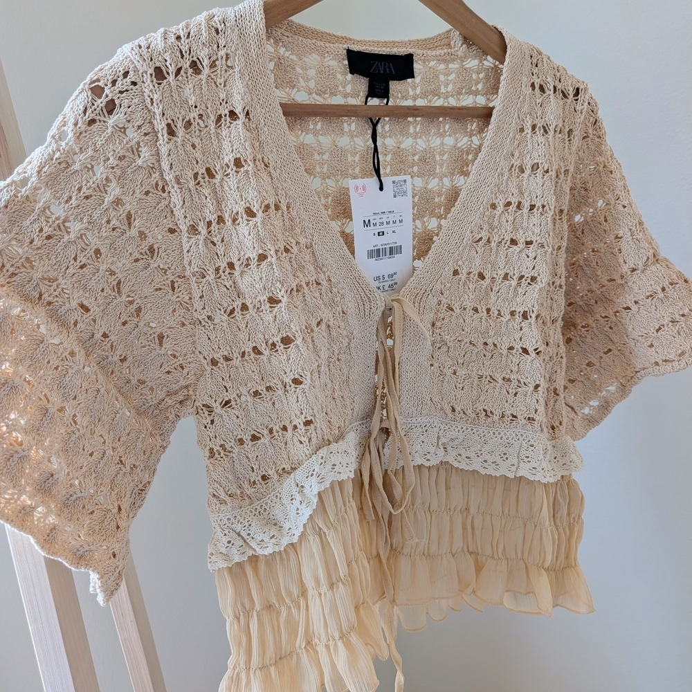 NWT Zara Crochet Open Knit Ruffled Hem Tie-Front Cardigan In Apricot - M - Picture 9 of 11